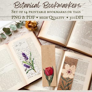 Pode incluir: Imagem de marcadores botânicos com desenhos florais, incluindo lavanda, uma tulipa vermelha e uma flor branca. Os marcadores são apresentados com livros abertos. O texto na imagem diz "Botanical Bookmarkers" e "Set of 14 Printable Bookmarks or Tags".