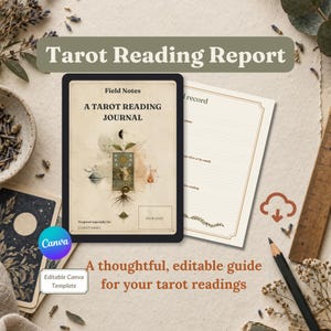 Pode incluir: Um modelo de diário de relatório de leitura de tarô com capa cor de creme, ilustrações celestiais, o texto A TAROT READING JOURNAL e uma página interna correspondente com seções pautadas para anotar leituras.