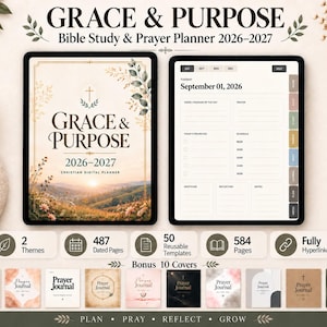 Può includere: Un pianificatore digitale di studio biblico e preghiera intitolato Grace & Purpose 2026-2027, con una copertina paesaggistica con una croce e una pagina di pianificazione giornaliera con schede. Include 487 pagine datate, 50 modelli e 10 copertine bonus.