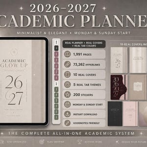 Könnte beinhalten: Ein digitaler 2026-2027 akademischer Planer auf einem Tablet mit Eingabestift. Die Oberfläche bietet 1.991 Seiten, 73.262 Hyperlinks, 10 Cover-Optionen, 5 Register-Themen und 200 Sticker. Das Layout ermöglicht einen Start am Montag oder Sonntag.