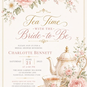 Tea Time Bridal Shower Invitation Template, Editable Canva Bridal Shower Invite, Floral Tea Party Invitation, Vintage Tea Party Bridal Shower