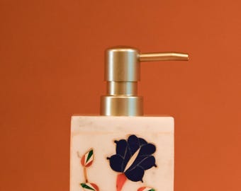 Marble Soap Dispenser with Floral Inlay | Stone Lotion Dispenser, Bathroom Vanity Accessory