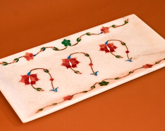 Handcrafted Marble Serving Tray with Floral Inlay | Rectangular Stone Platter | Indian Tableware Decor
