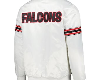 Chaqueta de béisbol/bomber/universitaria de satén blanco para hombre de los Falcons.