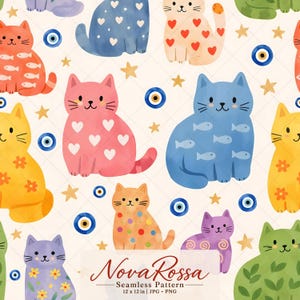 Pode incluir: Um padrão digital contínuo com gatos coloridos de desenho animado com estampas de corações, peixes, flores e espirais, intercalados com contas de olho grego azuis e estrelas amarelas em um fundo creme. Texto: NovaRossa Seamless Pattern 30,48 x 30,48 cm.