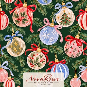 May include: A seamless pattern featuring various Christmas ornaments hanging from pine branches on a dark green background. The ornaments include painted designs of holly, pine trees, and snowflakes, accented with red, blue, and pink ribbons.
