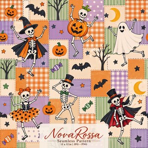 May include: A seamless digital pattern featuring a patchwork grid of Halloween motifs including skeletons in costumes, pumpkins, ghosts, bats, moons, stars, and sweets. The text NovaRossa Seamless Pattern 12 x 12 in JPG - PNG is centred at the bottom.