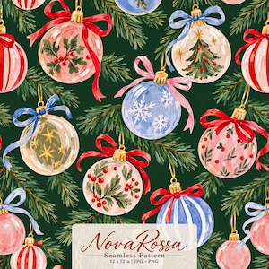 Christmas Ornaments Seamless Pattern, Vintage Baubles with Bows, Festive Pine Branches, Holiday Wrapping Paper, Winter Fabric Print