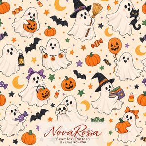 Puede incluir: Un patrón continuo con fantasmas, calabazas, murciélagos, dulces y lunas crecientes sobre un fondo crema. El texto Nova Rossa Seamless Pattern 12 x 12 in | JPG - PNG está centrado en la parte inferior. Los fantasmas sostienen varios objetos.