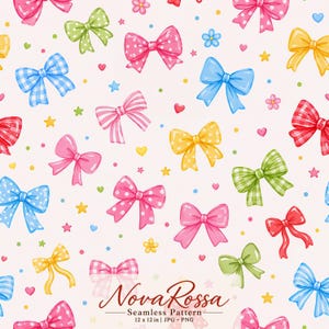 Peut inclure: Un motif numérique sans couture présentant des nœuds colorés dans divers styles, notamment à pois, rayés et vichy, parsemés de petits cœurs, d'étoiles et de fleurs sur un fond rose clair avec le texte NovaRossa Seamless Pattern 12 x 12 in.