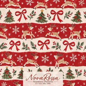 Christmas Seamless Pattern, Vintage Reindeer Red Bows, Holiday Wrapping Paper, Festive Winter Stripes, Xmas Tree Snowflake Fabric Print