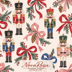 Christmas Nutcracker Seamless Pattern, Festive Ribbon Bows, Pine Branches, Holiday Fabric Print, Digital Wrapping Paper