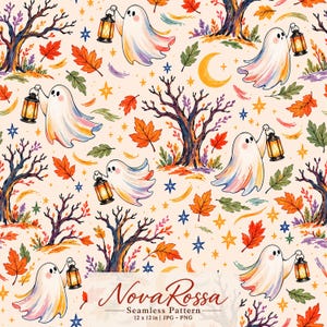 Puede incluir: Un patrón continuo con fantasmas blancos que sostienen linternas brillantes, intercalados con hojas de otoño, árboles desnudos, estrellas y una luna creciente sobre un fondo crema. El texto dice NovaRossa Seamless Pattern 12 x 12 in | JPG - PNG.