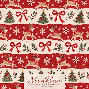 Può includere: Un motivo digitale senza cuciture con renne marroni con fiocchi rossi, alberi di Natale verdi, nastri rossi e fiocchi di neve bianchi su strisce orizzontali rosse e crema. Il testo recita NovaRossa Seamless Pattern 12 x 12 in JPG - PNG.