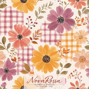 Fall Floral Gingham Seamless Pattern, Autumn Wildflower Textile Design, Cottagecore Fabric Print, Watercolor Rustic Botanical Digital Paper
