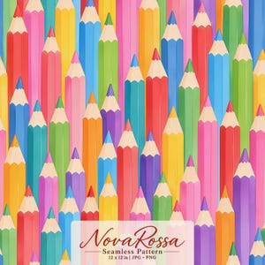 Könnte beinhalten: Ein nahtloses Muster mit einer vertikalen Anordnung gespitzter Buntstifte in Rot-, Orange-, Gelb-, Grün-, Blau-, Lila- und Rosatönen. Der Text NovaRossa Seamless Pattern 12 x 12 in | JPG - PNG ist am unteren Rand zu sehen.
