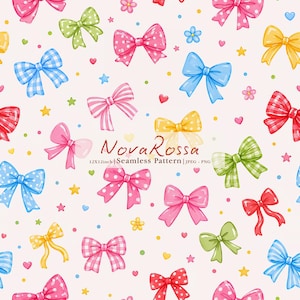 May include: A seamless pattern featuring various colorful bows in shades of pink, blue, yellow, green, and red, interspersed with small hearts, stars, and dots on a light background. The text NovaRossa 12X12inch Seamless Pattern | JPEG - PNG is visible.