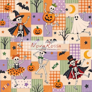 Halloween Seamless Pattern, Dancing Skeletons, Pumpkin Patchwork, Retro Fall Digital Paper, Spooky Fabric, Autumn Scrapbook, Whimsical Print