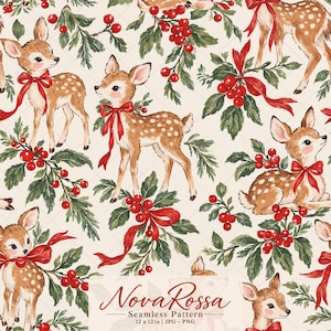 Christmas Deer Seamless Pattern, Vintage Fawn Woodland Design, Red Bow Holly Berry, Winter Festive Fabric Print, Holiday Digital Paper
