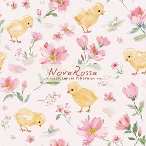 Puede incluir: Un patrón sin costuras con pollitos amarillos y flores rosas sobre un fondo rosa claro. El texto NovaRossa 12X12inch | Seamless Pattern | JPG - PNG está centrado. El diseño incluye varios tallos de flores y capullos.