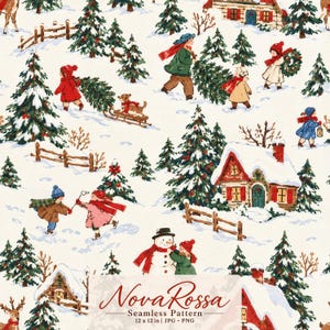 May include: A seamless pattern featuring a snowy winter landscape with children playing, sledding, and building a snowman among pine trees and cottages. The text Nova Rossa Seamless Pattern 12 x 12 in | JPG - PNG is centered at the bottom.
