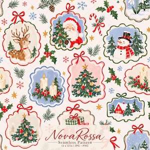 May include: A seamless Christmas pattern featuring scalloped frames with illustrations of a reindeer, Santa Claus, a snowman, candles, a decorated tree, and a house in the snow. The text NovaRossa Seamless Pattern 12 x 12 in is centered.
