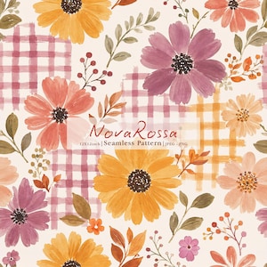 May include: A seamless pattern featuring watercolor-style flowers in shades of yellow, orange, and purple, interspersed with pink and orange plaid squares. The text NovaRossa 12x12inch | Seamless Pattern | JPEG - PNG is centered on the design.
