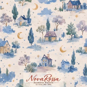 Può includere: Un motivo continuo che raffigura un paesaggio notturno con case blu, alberi e lune crescenti gialle su sfondo crema. Il testo NovaRossa Seamless Pattern 12 x 12 in | JPG - PNG è stampato in basso con un carattere corsivo rosso scuro.