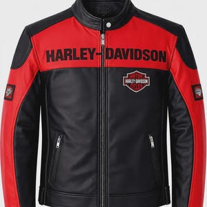 Men’s Harley Davidson Red & Black Leather Biker Jacket with Logo Patches