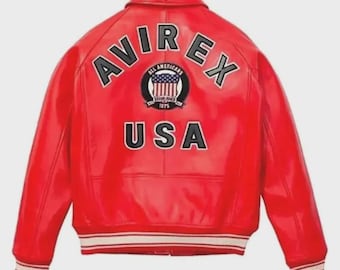 Red Avirex-Style Genuine Leather Varsity Jacket – USA Letterman Bomber Streetwear