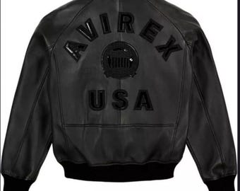 Black Avirex-Style Genuine Leather Varsity Jacket – USA Letterman Bomber Streetwear
