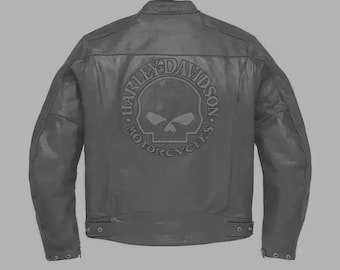 Harley Davidson Men’s Reflective Skull Cowhide Leather Biker Jacket | Premium Motorcycle Jacket | Men’s Riding Gear (All Country Duty Paid)