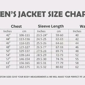 May include: A size chart for jackets, with measurements in inches and centimeters. The chart includes chest, sleeve length, and waist sizes, ranging from XS to 5XL. Text at the top reads "MEN'S JACKET SIZE CHART".