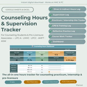Counseling Hours and Supervision Tracker, Practicum Internship Log, LCSW LMFT LPC Associate Hours, Student Planner, Google Sheets Excel