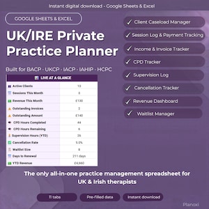 Puede incluir: Un planificador de práctica digital morado para Google Sheets y Excel titulado UK/IRE Private Practice Planner. Incluye una tabla Live at a Glance con métricas como clientes activos, ingresos y horas CPD, además de una lista de rastreadores para facturas, supervisión y listas de espera.