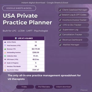 Caseload Organizer and Tracker, Private Practice Therapist Planner USA, Session Log, Income CEU Tracker, Google Sheets Excel, LPC lcsw lmft
