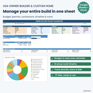 May include: A digital project management spreadsheet for home construction titled USA OWNER BUILDER & CUSTOM HOME. It features a dashboard with budget, progress, payment, and loan tracking tables, a colorful donut chart, and four green feature callout boxes.