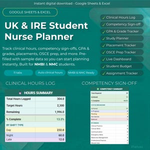 Puede incluir: Planificador digital para estudiantes de enfermería del Reino Unido e Irlanda, diseñado para Google Sheets & Excel. Incluye registro de horas clínicas, firma de competencias, seguimiento de GPA y más. Precargado con datos de muestra.