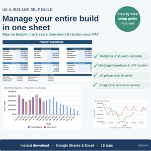 Könnte beinhalten: Eine digitale Projektmanagement-Tabelle für Selbstbauprojekte in Großbritannien und Irland. Die Oberfläche umfasst ein Projekt-Dashboard, Budgetübersicht, Kostenverfolgung, Mehrwertsteuerrückerstattung und Baufortschritt. Sie enthält Balken- und Liniendiagramme für monatliche Ausgaben und Cashflow sowie Texte zu automatischen Berechnungen, Hypothekenabruf und einem 20-phasigen Bauzeitplan.