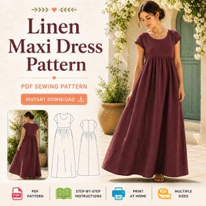 Puede incluir: Un patrón de vestido largo de lino burdeos con el texto "Linen Maxi Dress Pattern". La imagen incluye una foto del vestido, dibujos lineales e iconos para patrón PDF, instrucciones paso a paso, imprimir en casa y múltiples tallas.