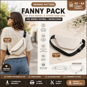 May include: A white fanny pack sewing pattern with a black strap is shown in this image. The text on the image says "Fanny Pack" and "PDF Sewing Pattern + Instructions". The image also shows a person wearing the fanny pack.