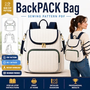 Puede incluir: Un patrón de costura PDF para mochila BackPACK, que muestra una mochila acolchada de color blanco roto con correas azul oscuro, cremalleras doradas y un bolsillo frontal con borde verde. Incluye dibujos lineales, texto y una persona con la mochila.