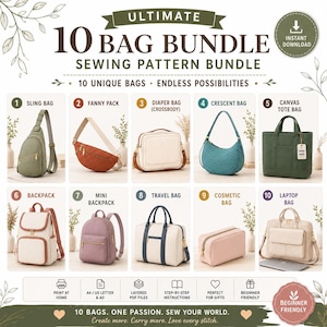 Pode incluir: Um pacote de moldes de costura digital intitulado Ultimate 10 Bag Bundle apresentando dez designs de bolsas distintos, incluindo uma bolsa transversal, pochete, bolsa de fraldas, bolsa meia-lua, bolsa de lona, mochila, mini mochila e nécessaire.