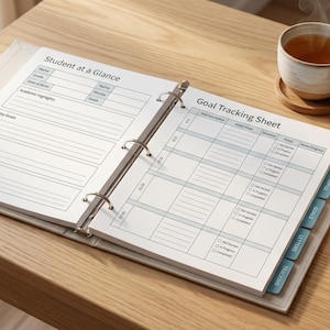 May include: An open binder with student and goal tracking sheets sits on a wooden table. Two mugs of tea and a small potted succulent are nearby. The binder pages are labeled "Student at a Glance" and "Goal Tracking Sheet".