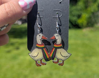 Handmade Pride Goose Earrings | LGBTQ+ Flag Dangle Earrings | Shrinky Dink Resin
