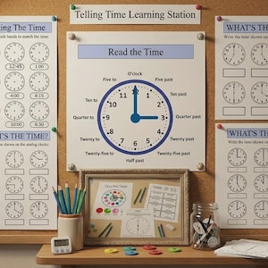 May include: A Telling Time Learning Station corkboard display featuring educational worksheets with analog clock diagrams, a central clock face with labels for time increments, a framed reference guide, colored pencils, and a digital timer.
