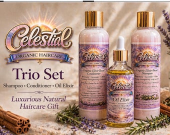 Celestial Organic Haircare Trio Set, Rosemary Infused Shampoo, Conditioner, Oil Elixir