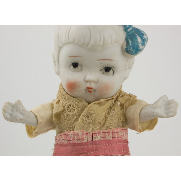 Vintage Very Large All Bisque Japan Porcelain Jointed Doll With Vintage Clothing & Fantastic Expression From Upwardly Glancing Googlie Eyes