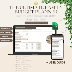 Op de afbeelding: Een digitale familiebudgetplanner weergegeven op een laptop- en smartphonescherm. De interface toont een maandelijks dashboard met trackers voor inkomsten, uitgaven en besparingen. Inclusief een XLS-bestandspictogram en een gebruikershandleiding.
