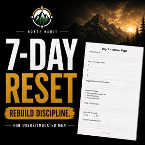Puede incluir: Imagen promocional para "North Habit" con el texto "7-DAY RESET" en letras grandes blancas y doradas. La imagen incluye un gráfico de cordillera y una página titulada "Day 1 - Action Page" con indicaciones para la concentración y la reflexión.